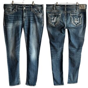 Silver Jeans Aiko Mid Skinny Womens 32/33 Medium Wash Stretch Denim Distressed